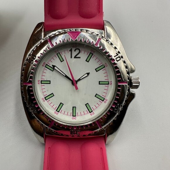 3/$30 Pink Watch Women Silicone Band Silver Tone Case White Dial Sporty - Picture 1 of 14